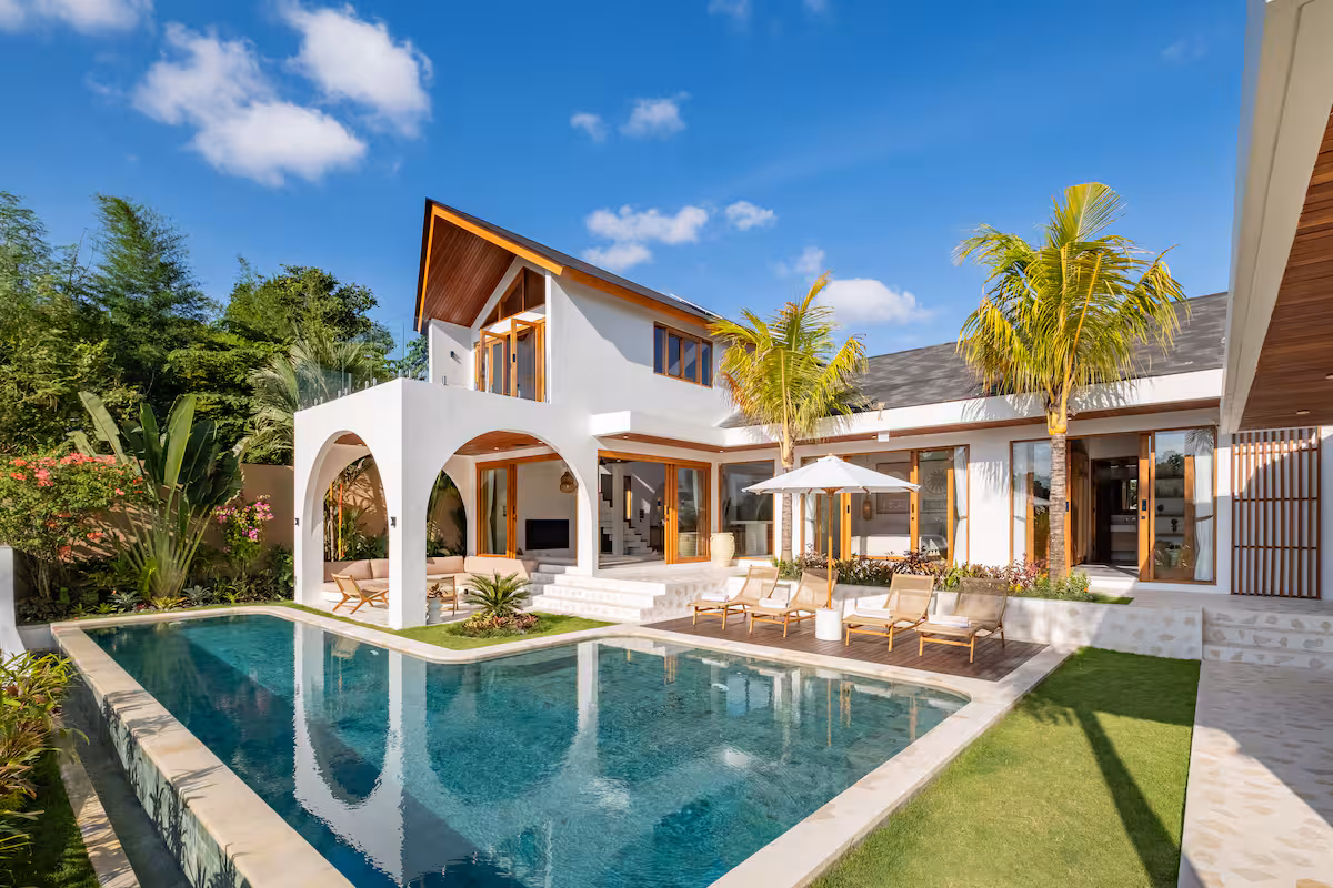 Villa Vayu viewed from the pool with surrounding jungle